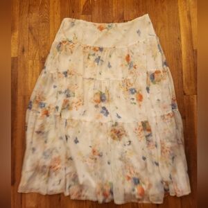 Ralph Lauren White Sheer Floral  Tiered Lined Skirt Elastic & Side Zip Size 16